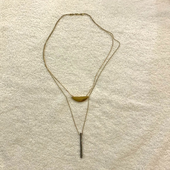 Ann Taylor double chain gold necklace with gold half moon & black rod - Picture 1 of 5